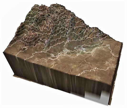 Modelo 3D rotado desde su posicion original. Posee como base una imagen óptica. En tonos grises claros se observan las curvas de nivel